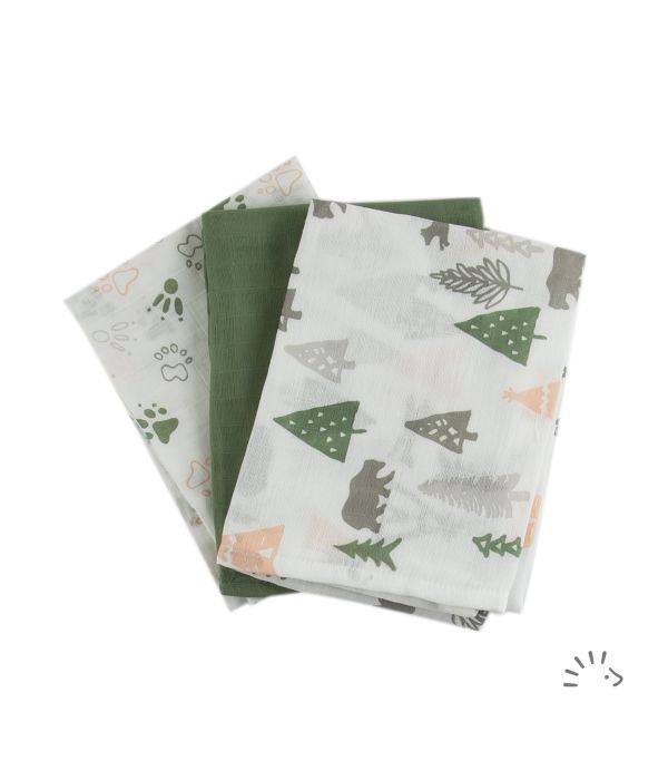 Mussoline in cotone bio 70x70 cm - 3 pezzi assortiti sul verde